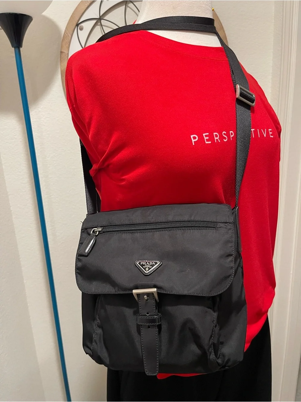 Prada Black Nylon Messenger Crossbody Bag with Silver Hardware